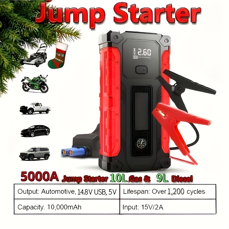 Arrancador de Emergencia Multifuncional 7 en 1 de 10000A con Bomba de Aire de 150PSI, Inflador de Neumáticos Digital, Cargador de Batería de Coche Portátil, Hasta 2.64gal de Gas/2.38gal de Diésel, Luz de Emergencia LED y Carga USB, Herramienta de Emergencia para Coche. Adecuado Como Regalo de Vacaciones.