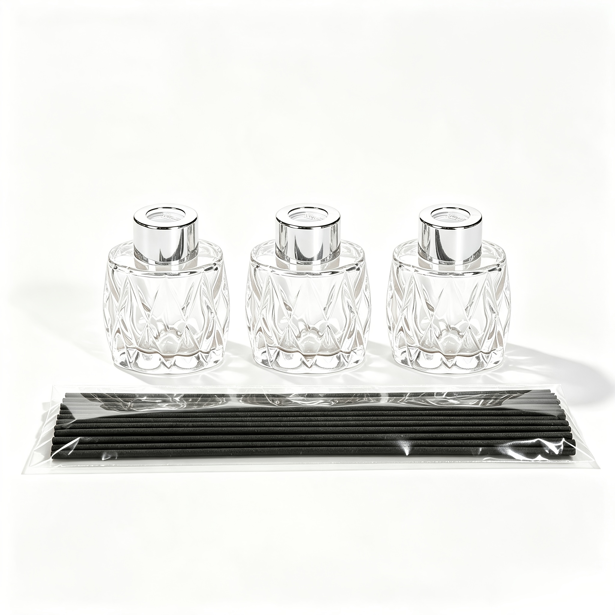 TEMU 3pcs 1.69 Fl Oz Diamond-patterned Glass Diffuser Bottles, Flameless Diffuser For Home Use, Reed Diffuser Refill Containers, With 20 Black