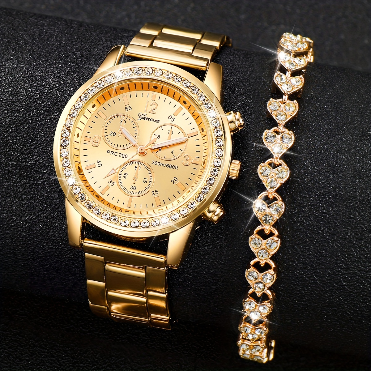 

2pcs/set Luxury Rhinestone Quartz Watch Elegant Fashion Steel Band Wrist Watch & Bracelet, Gifts For Women Her