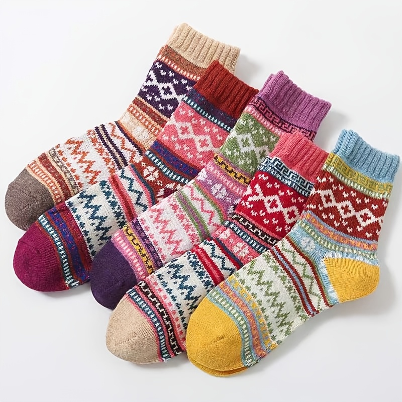 TEMU 5 Pairs Women Autumn Winter Thick Warm Mid Calf Socks, Ethnic Vintage Style Casual Ladies Socks For Cold Weather