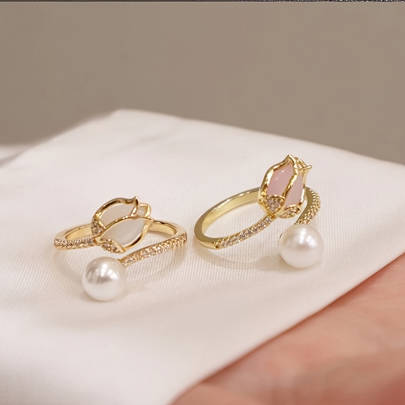 

1pc Fashion Elegant Tulip Shaped Ring, Bouquet Imitation Pearl Open Ring Index Finger Ring, Delicate Hand Jewelry