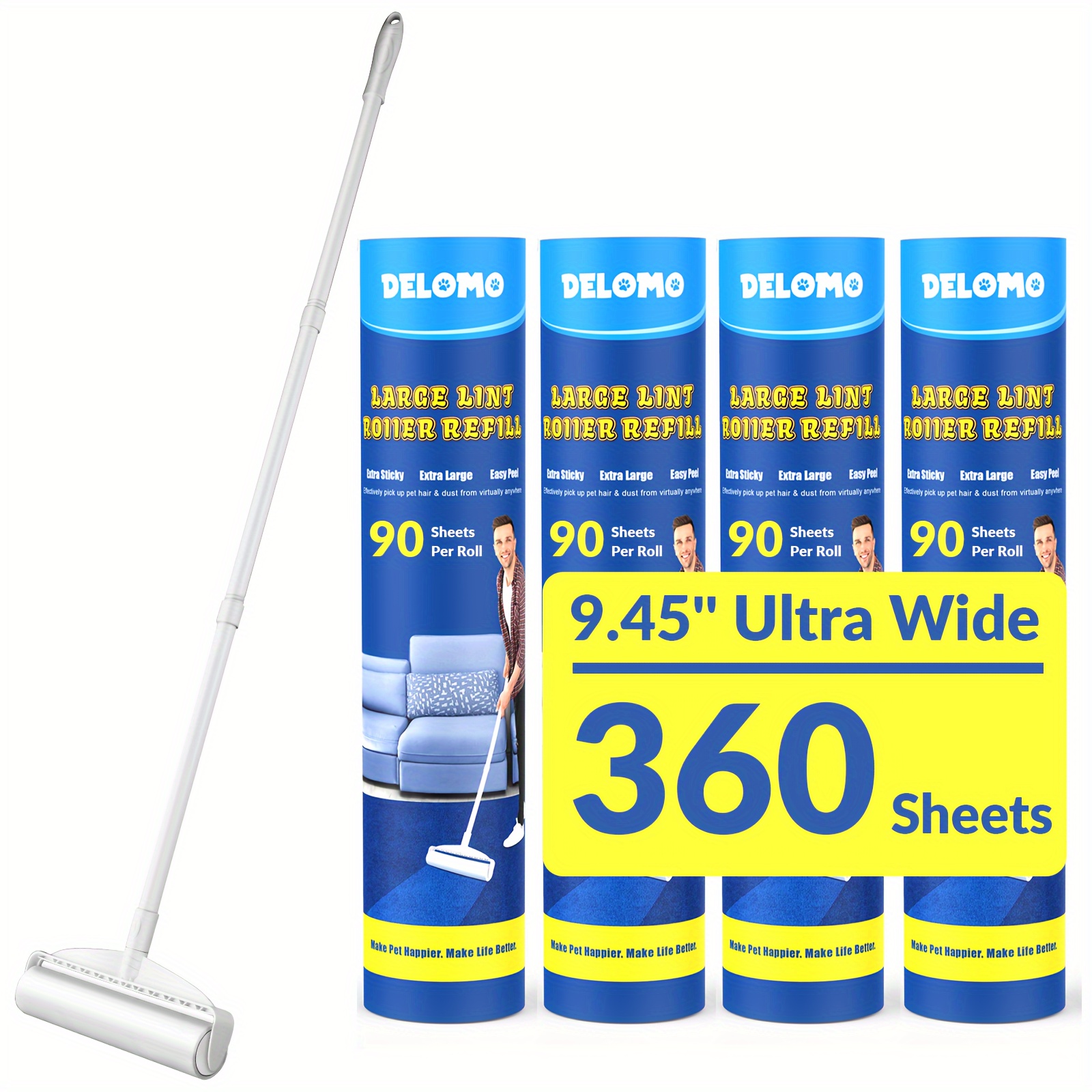 

Large Lint Rollers For Carpet, Sticky Rollers For Floor Delomo 9.45 In With 3 Extendable Handle, Long Handle For Cleaning Carpets, Cars, Clothing, And Pet Hair