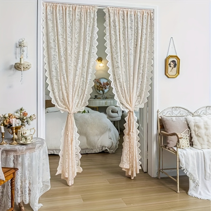 TEMU 1pc Elegant White Phoenix Tail Sheer Curtain - Rod For Living Room, Kitchen, Bathroom | Machine Washable Floral Lace With Eyelet Detailing |
