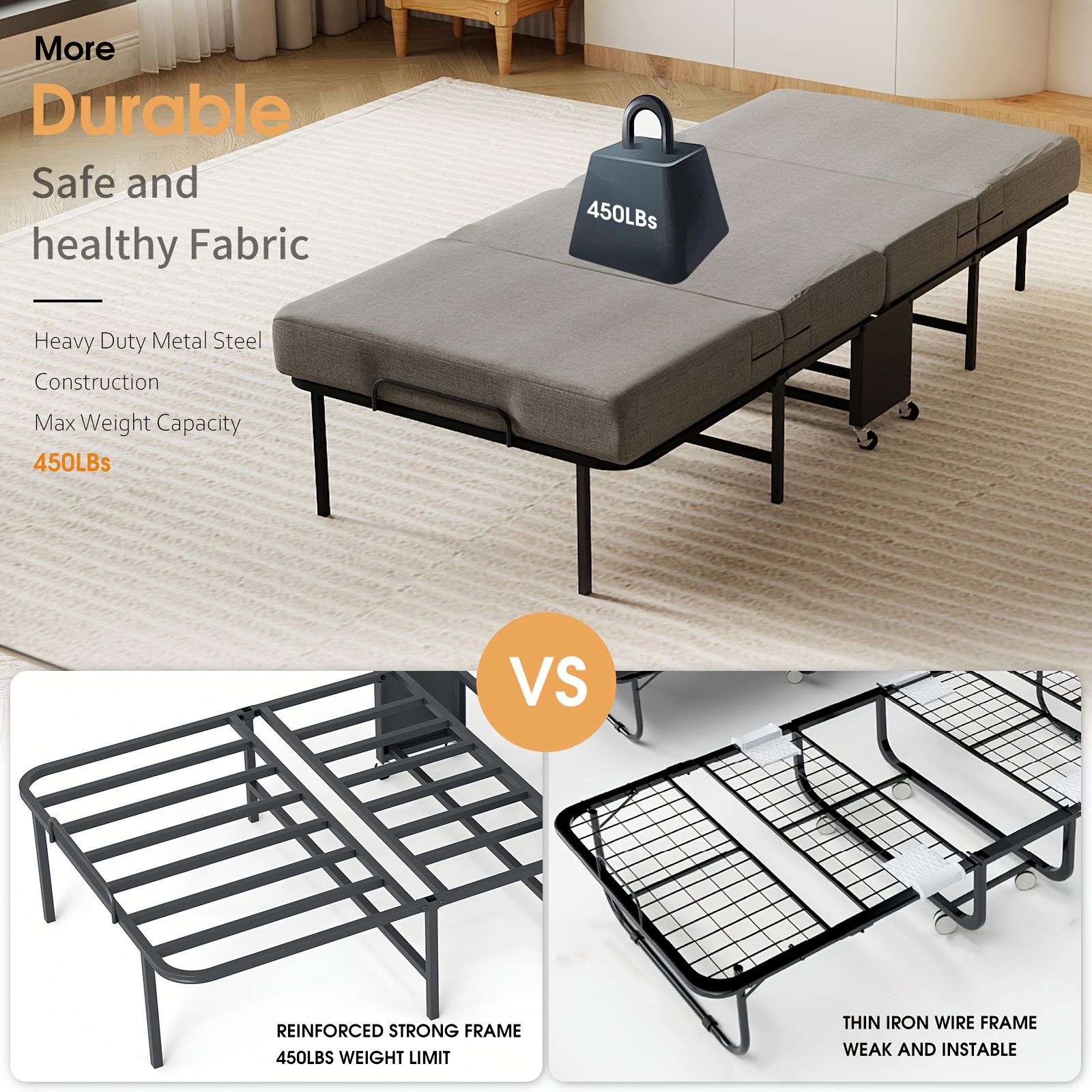 Folding Bed with Mattress, Twin Foldable Guest Bed for Adults, Roll Away Bed, Portable Bed with Memory Foam Mattress & Sturdy Metal Frame for Bedroom, Office, Apartments, Space-Saving Design for Easy Storage, 77