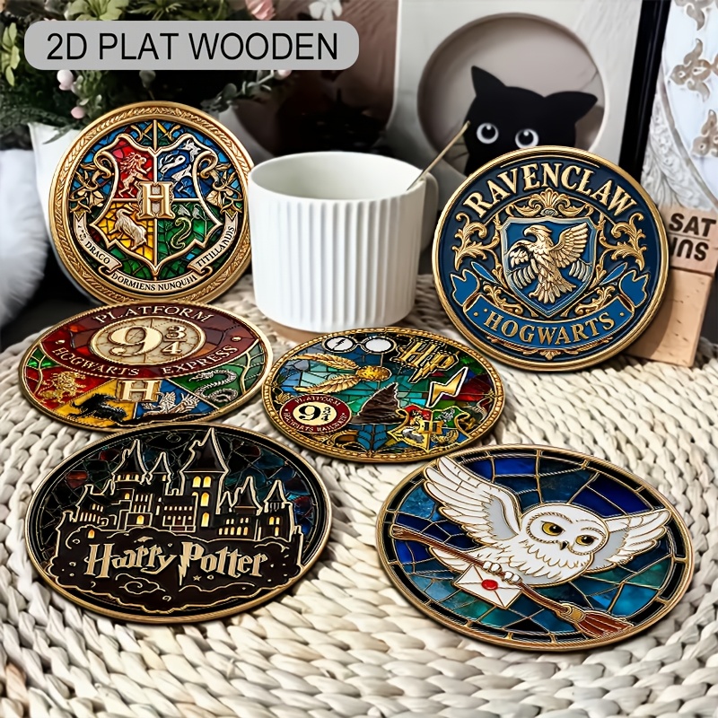 TEMU 6pcs Wb Harry Potter Themed Coasters Suitable For Various Scenes, Wood With Iconic Characters (, Ron, Harry) - Durable Table Protectors For,
