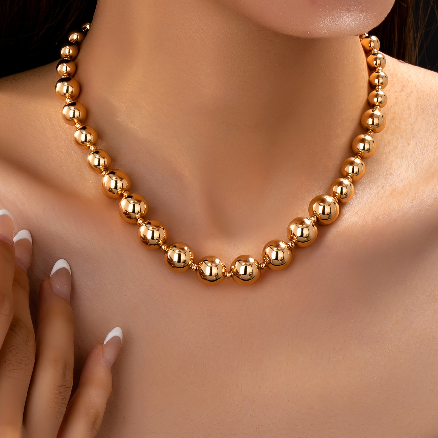 TEMU Collier élégant et pour femme à grosses perles, doré brillant avec des perles rondes de différentes tailles, collier de perles , convient pour