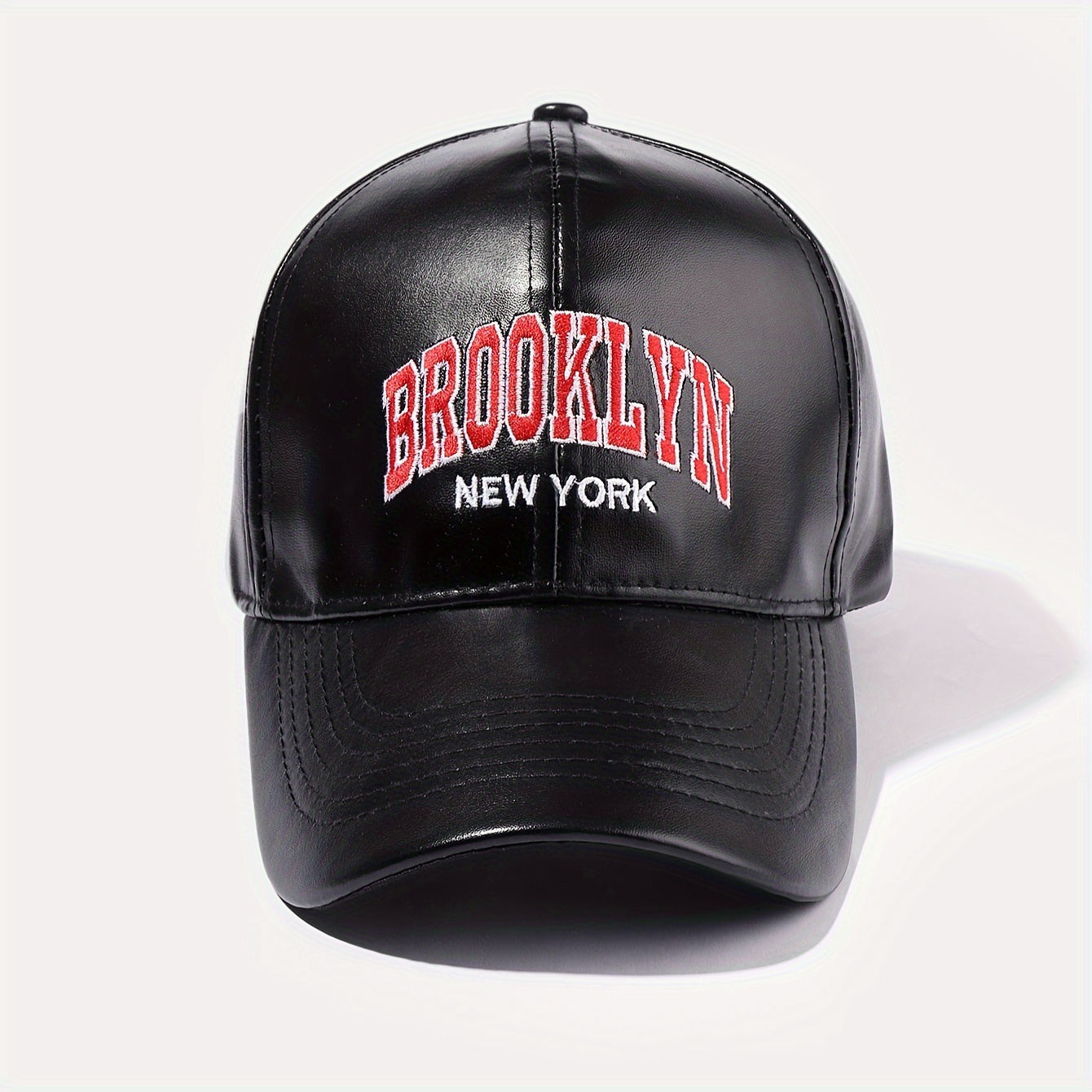

1pc Brooklyn New York Slogan Embroidered Pu Leather Baseball Cap Simple Casual Dad Hat Outdoor Adjustable Sunshade Sports Hats For Women