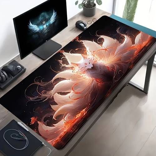 1pc large sized mouse pad with tailed fox flame fantasy style pattern featuring a non slip washable rubber base this oversized desk mat is an office desk accessory computer decor accessory