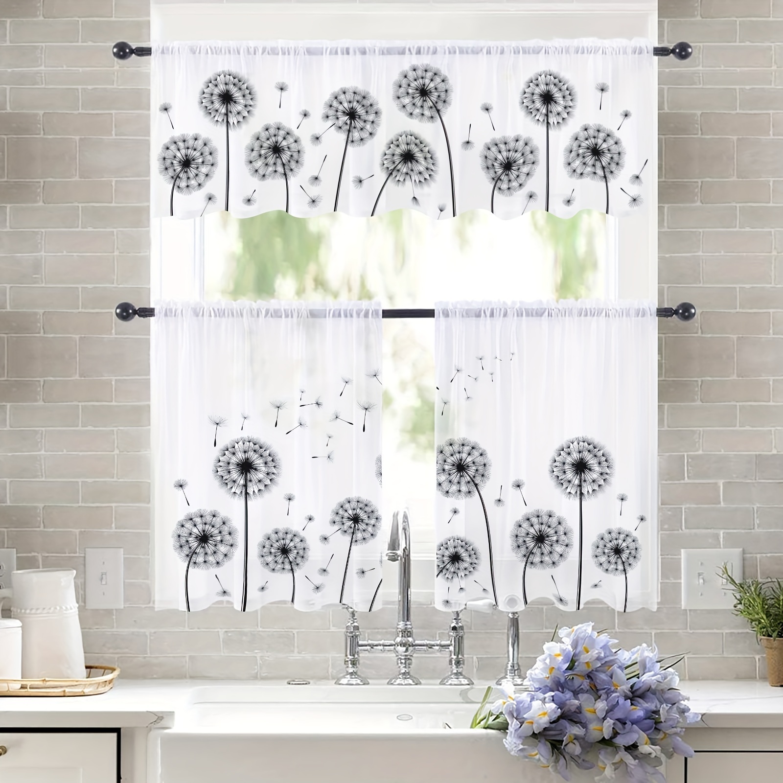 

Art Deco Semi-sheer Twill Weave Rod Pocket Dandelion Pattern Curtain Tiers - 100% Polyester Black And White Floral Design For Bedroom, Office, Kitchen, Living Room, Study - Cordless, Pastoral Theme