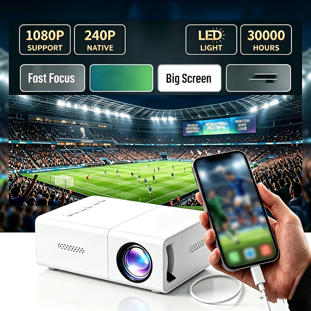 TEMU Hy320 Mini Portable Smart Led Mini Projector, 1080p Home Theater Projector For Phone Connection, Compact Movie Projector, Suitable For Movies,