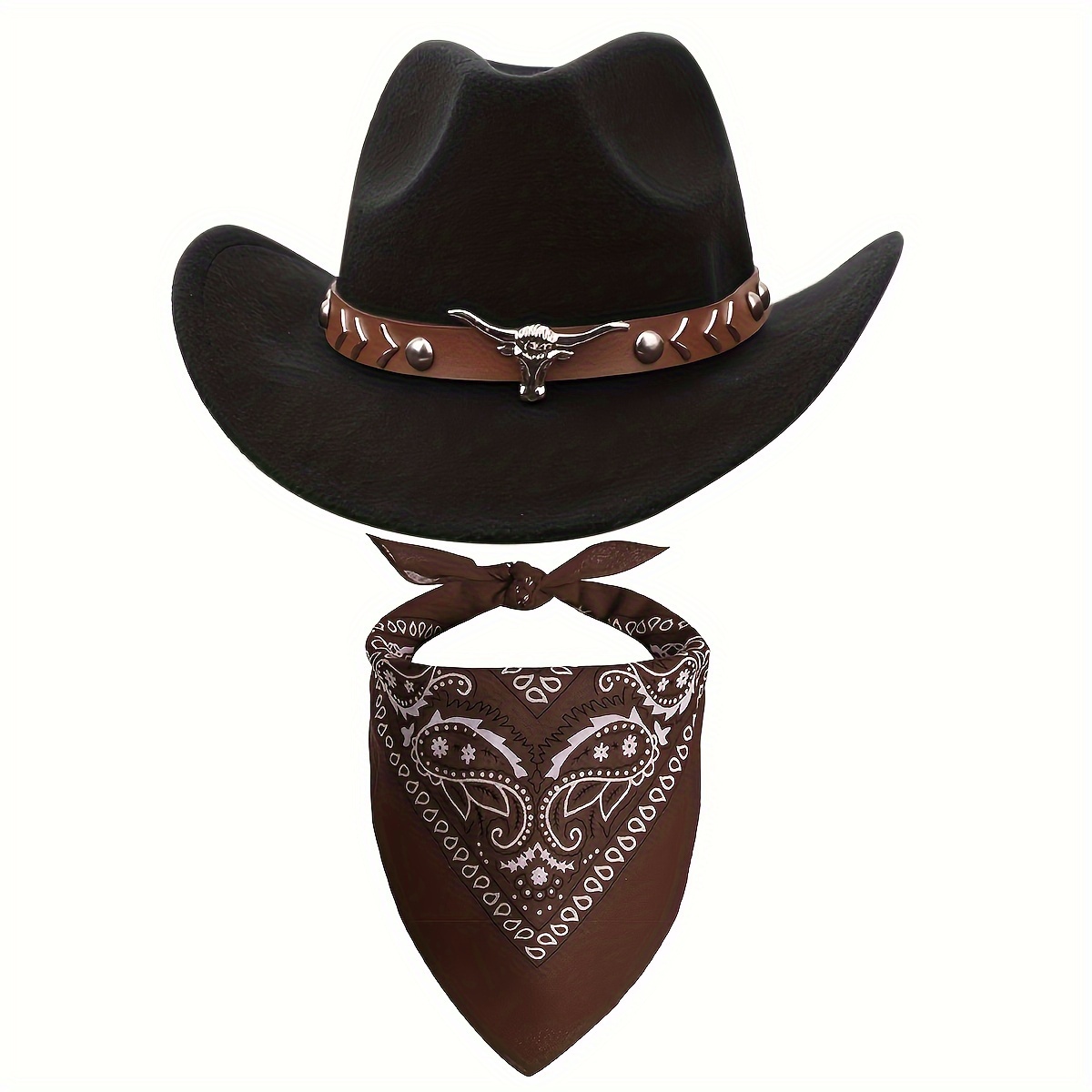 2pcs Women's Western Cowboy Costume Set - Includes Cowgirl Hat And Headscarf Scarf, Suitable For Farm Halloween Party Props, Cool Stylish Theme Style