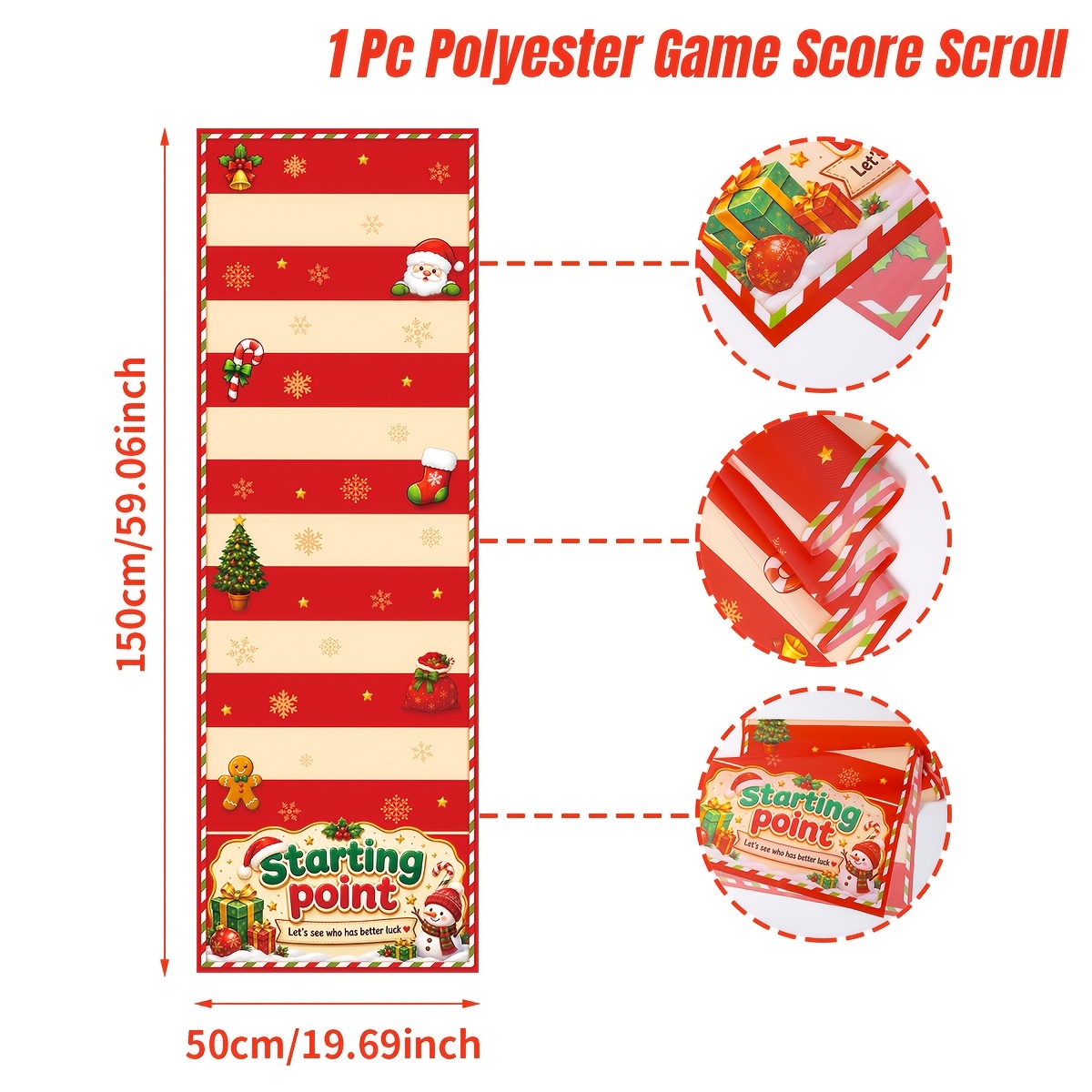 TEMU 1pc Christmas Rolling Game Score Scroll With Santa Claus, Gingerbread & Snowman Patterns - Red & Beige Striped Competitive Board Game Tabletop