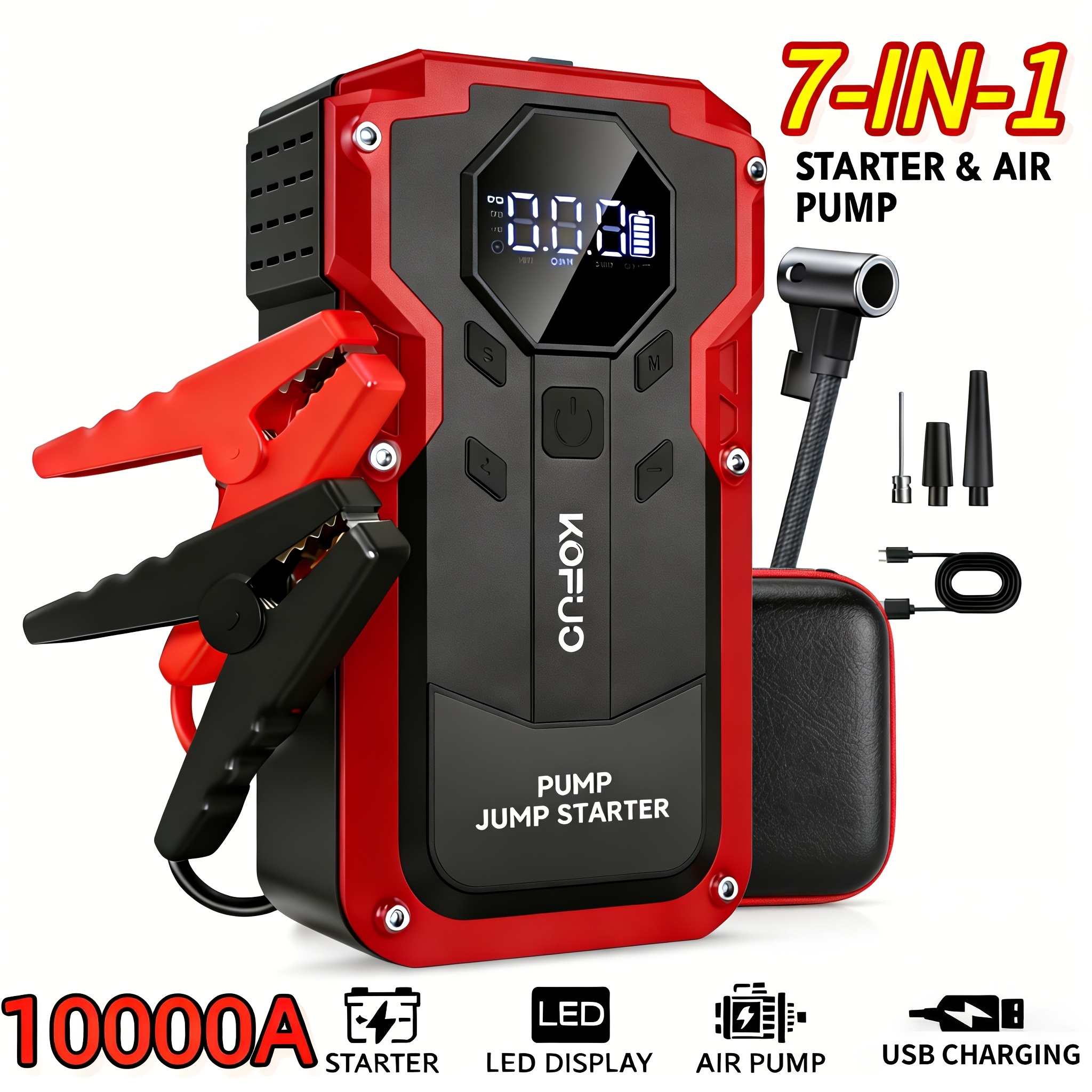 TEMU Kopuo 6000a/7000a Jump Starter Optional 10000a 12v Car Jump Starter With Air Compressor, Heavy Duty Pack With 150psi Portable Tyre Inflator,