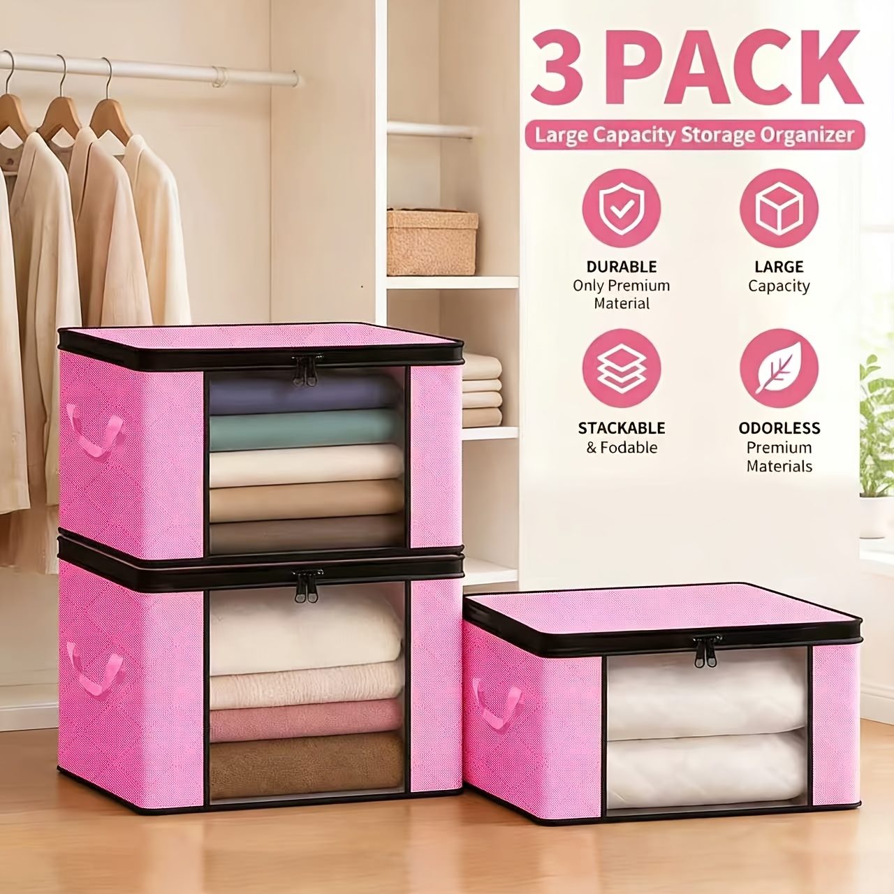 TEMU 3 Sets Of Extra-large Foldable Storage Bins With Viewing Windows, Zippered Lids, And Reinforced Handles. Durable Foldable Clothing Organizers,