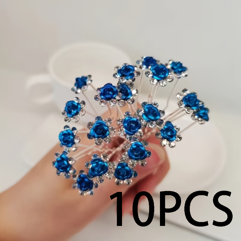 Image of 10pcs, Women's U-shaped Blue Rose Hair Accessory, Rhinestone Rose Bridal Hairpin, Braided Hair, Hair Needle, Simple And Versatile Daily Wedding And Headwear
