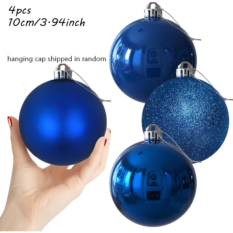 TEMU 4pcs, 10cm Blue Christmas Ball Pendants, Various Styles Of Large-sized Christmas Tree Decoration Balls, Christmas Ball Ornaments (hanging Caps