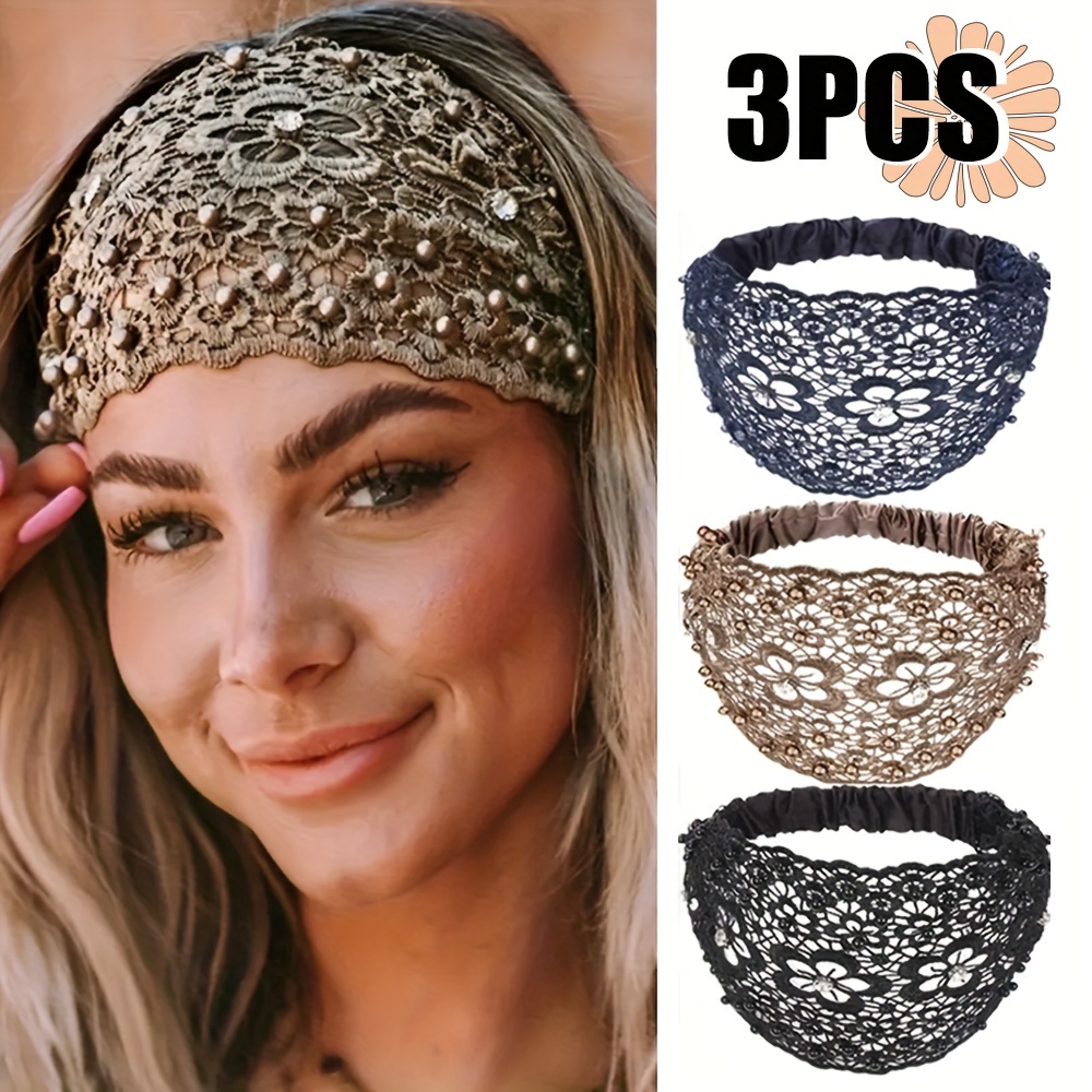 

3pcs Vintage Bohemian Lace Headbands With Imitation Pearls - Elegant Wide Hair Bands, Solid Color, Daily Fashion Head Wrap Set For Women