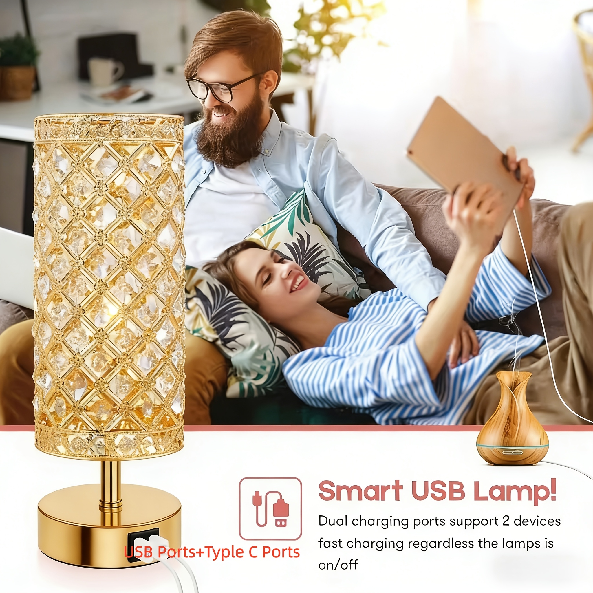 TEMU 1pc/2pcs Touch Controlled Crystal Table Lamp, Bedside Lamp With Usb+typle C Ports, 3 Dimming , K9 Crystal Decorative Table Lamp, Suitable For