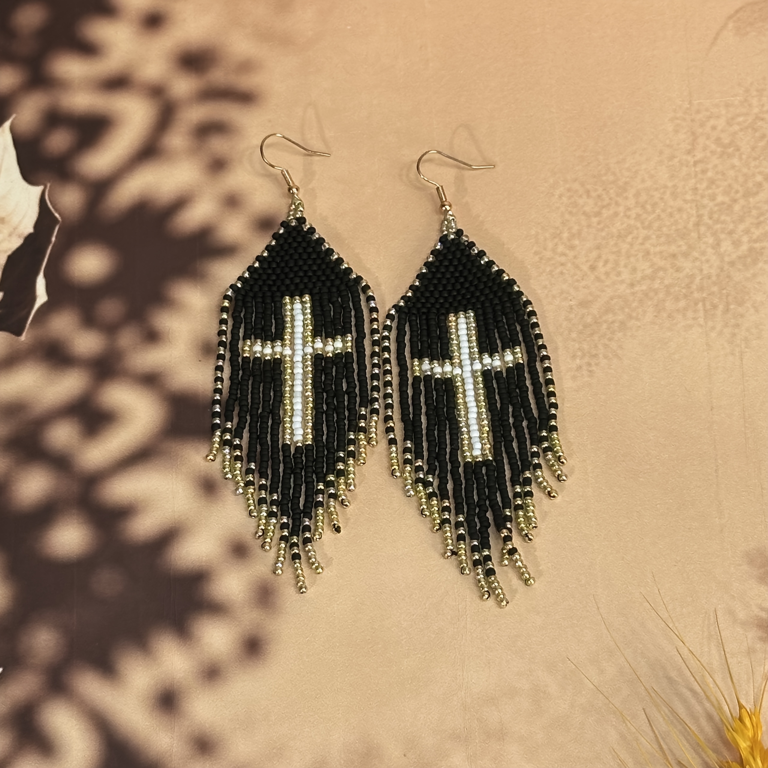 TEMU 1 Pair Bohemian Style Black Tassel Pendant Glass Seed Handmade Woven Bead Earrings Cross Fashion Earrings For Women Daily And Holiday Wear
