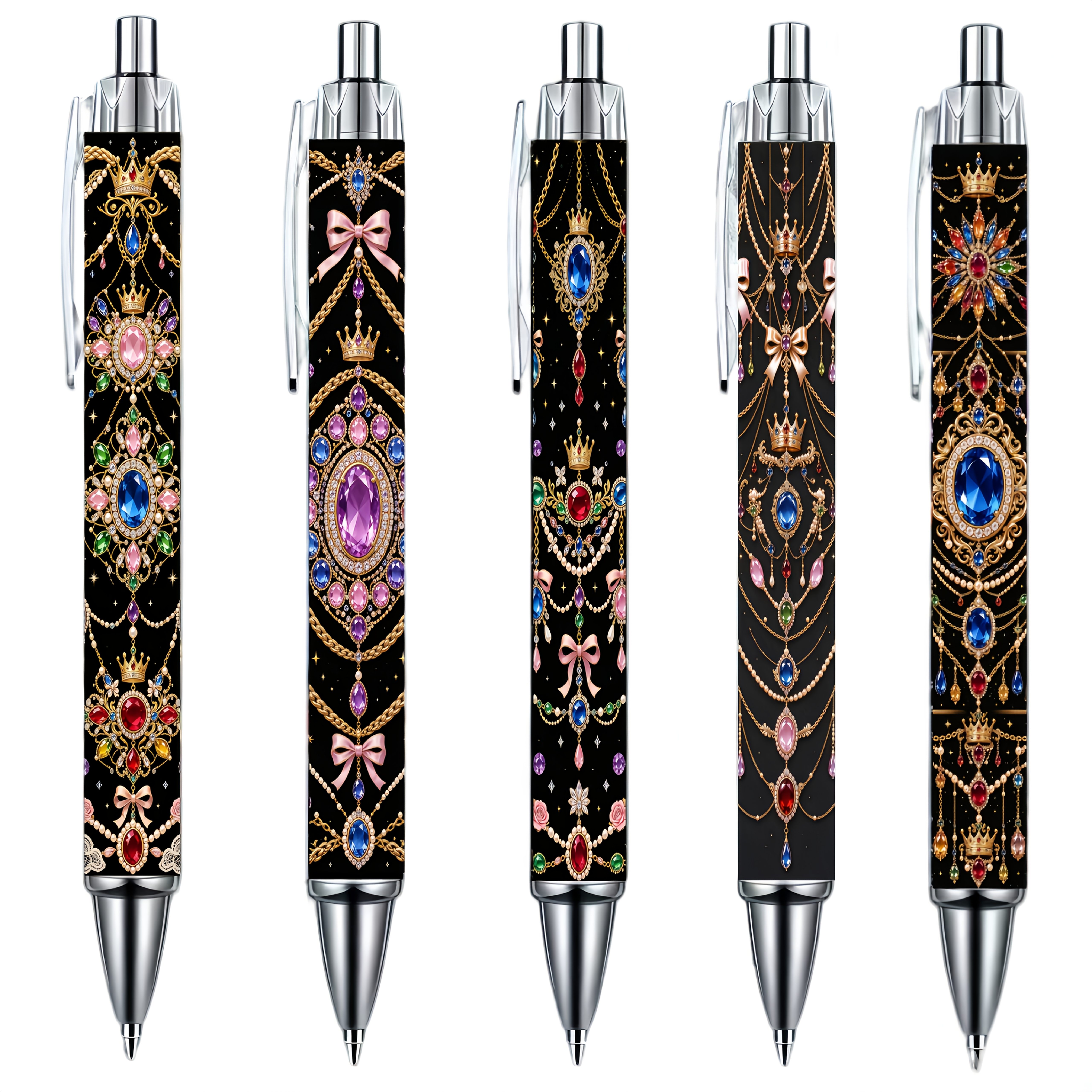 TEMU 5pcs Retro Baroque Gem Crown Ballpoint Pens, Luxurious Jewelry Print Click Pens, Gift Box Pen, Exquisite Decorative Writing Pens, Suitable For