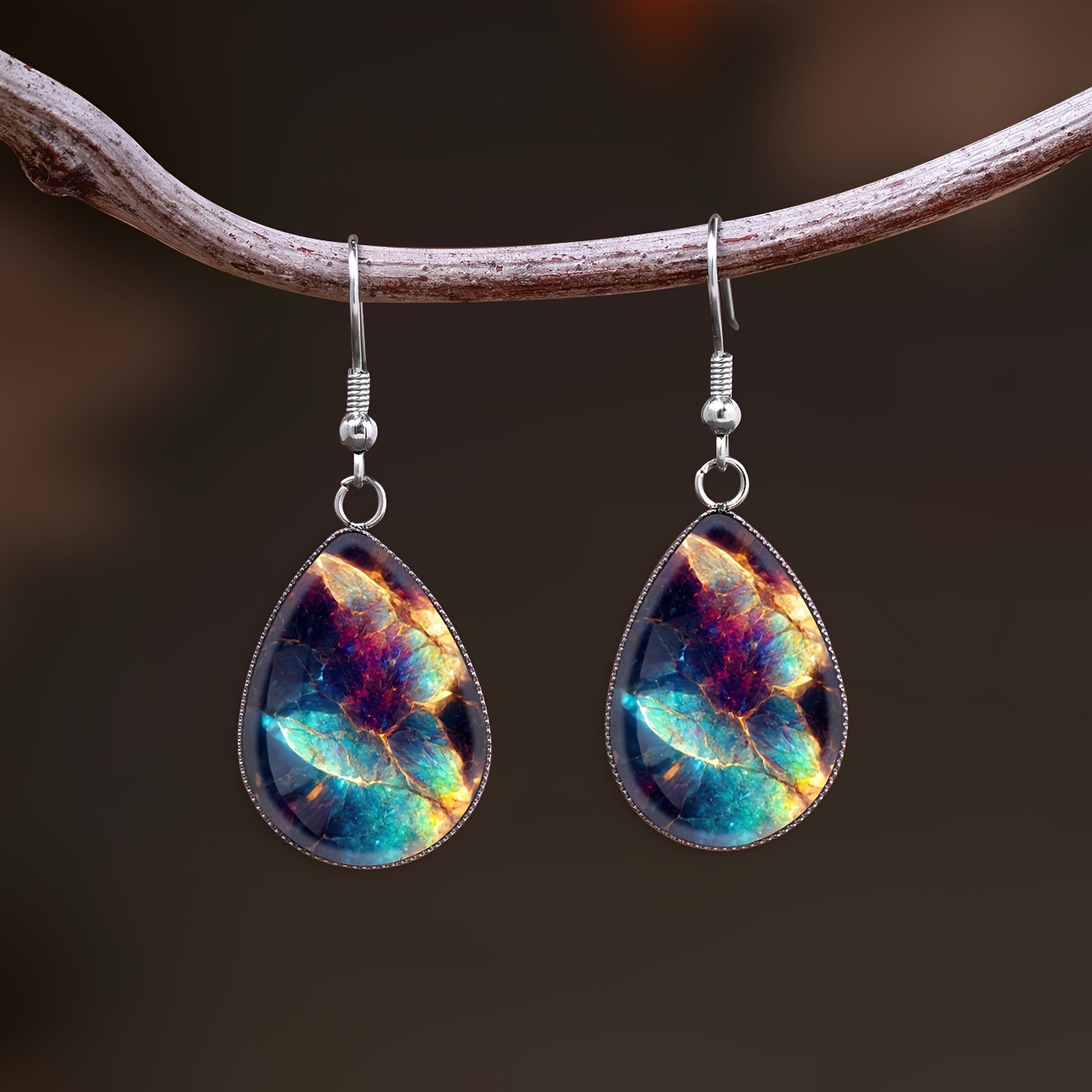Women's Iridescent Teardrop Earrings with Mineral Pattern
