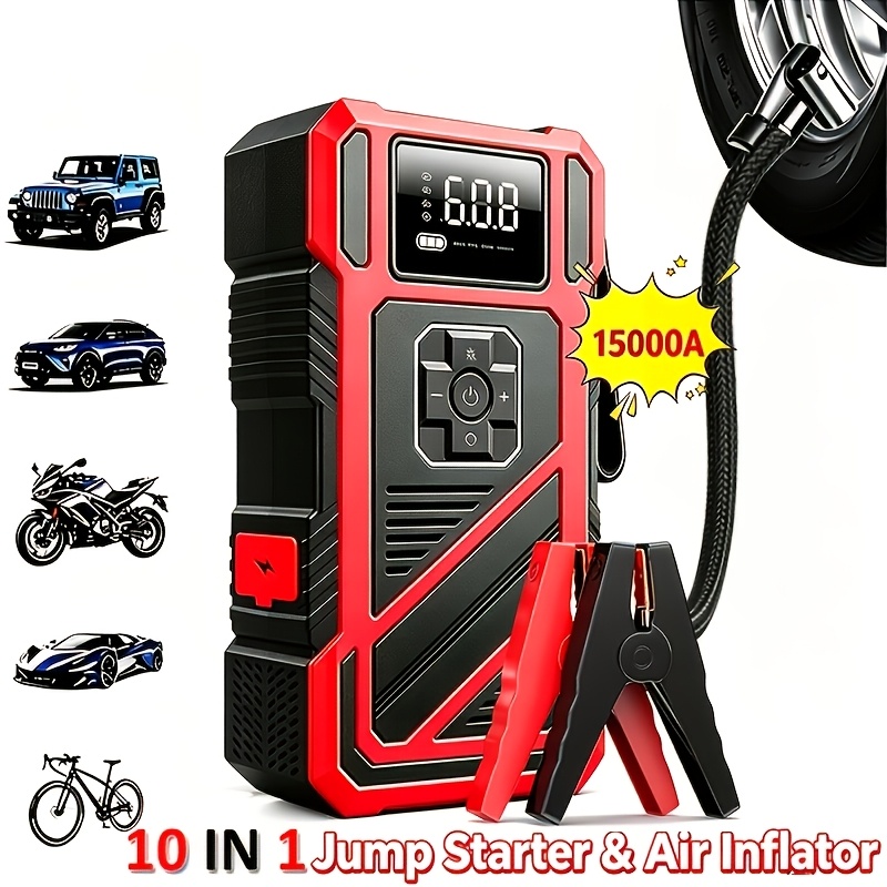 TEMU Démarreur de voiture portable 10-en-1 avec compresseur d'air, alimentation de secours avec gonfleur de pneu numérique 150PSI, chargeur de