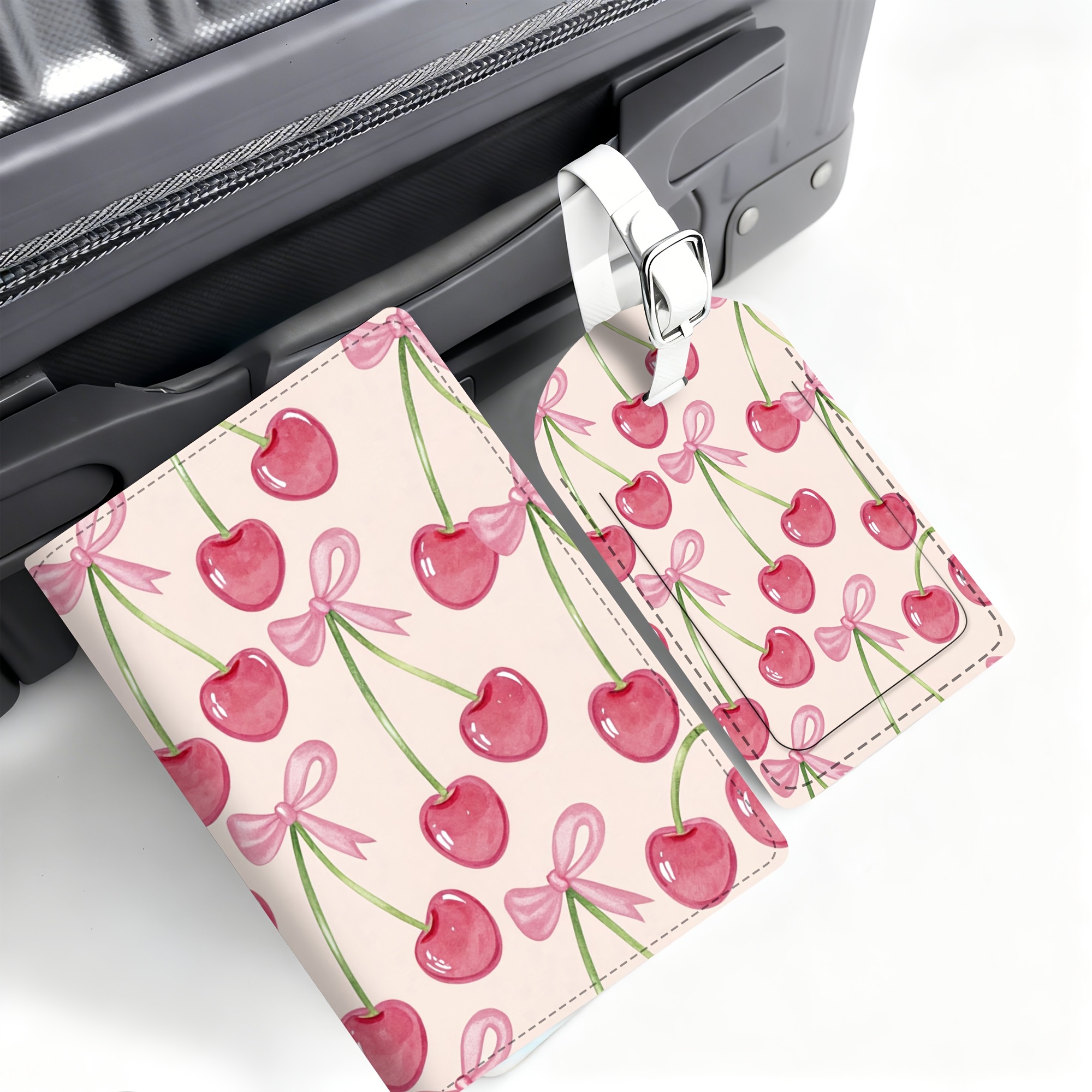 TEMU 2pcs Set Cherry Passport Holder Luggage Tag, Lightweight Pu Material, Suitable For Travel Bags, Backpacks, Gym Bags, Luggage Id, Boarding Passes