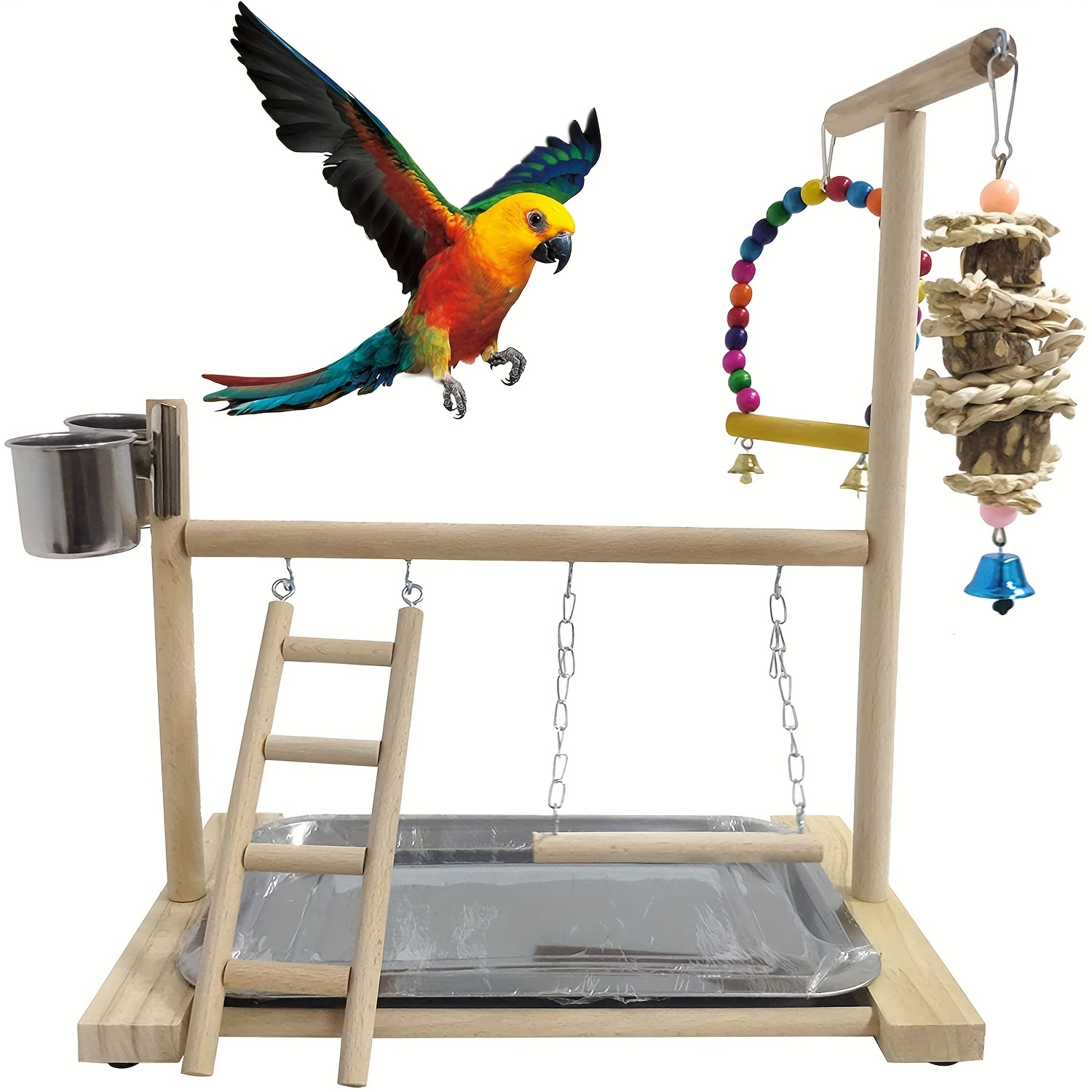 

Interactive Parrot Play Stand With Swing And Chew Toys - Durable Wood Construction For Medium To Small Birds, Ideal For Lovebirds & Cockatiels
