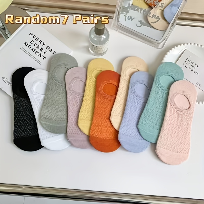 Random 7-pair Women's Mesh Boat Socks, Socks, Soft, Comfortable, And Breathable Ankle Socks With Mesh Plaid Design