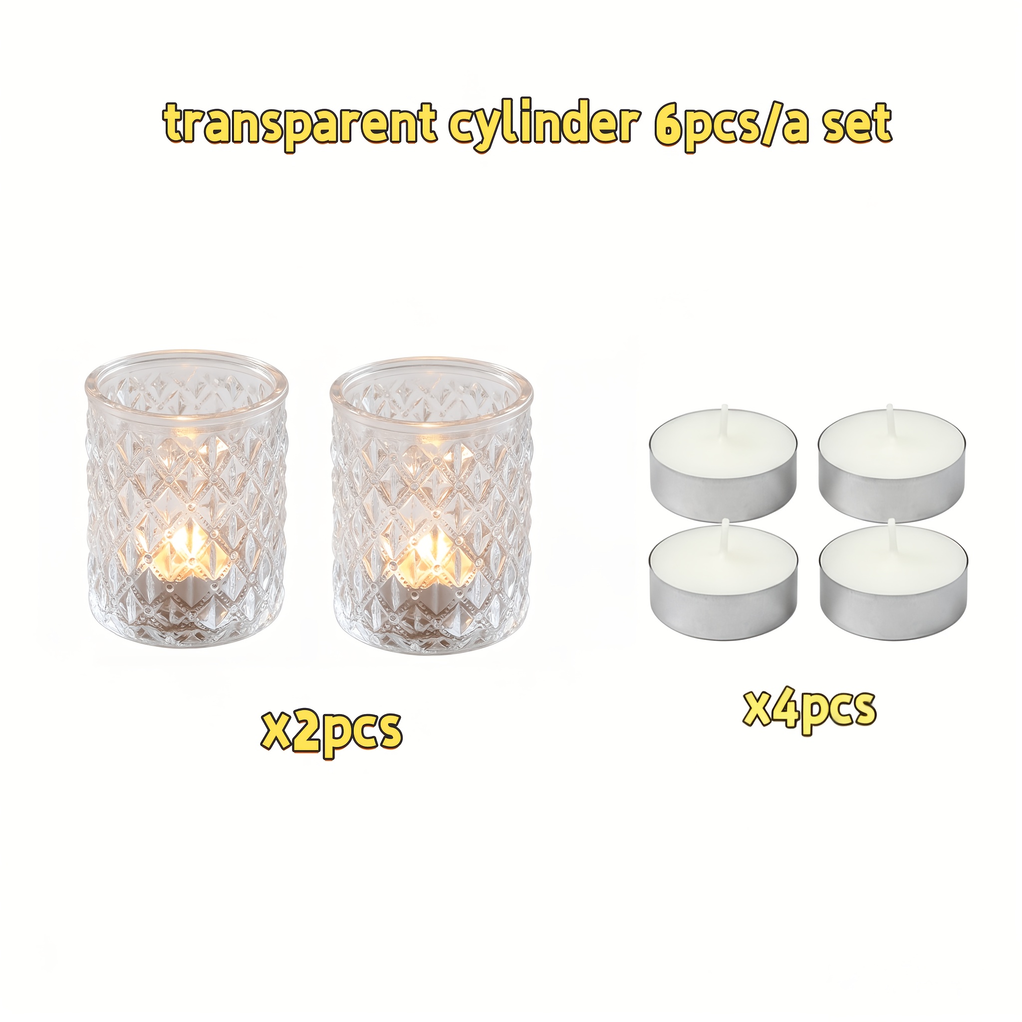TEMU 6pcs Candlestick And Candle Set, Including 2pcs Transparent Cylinder Diamond-style Candlesticks And 4pcs Candles, Suitable For Gifts, Table