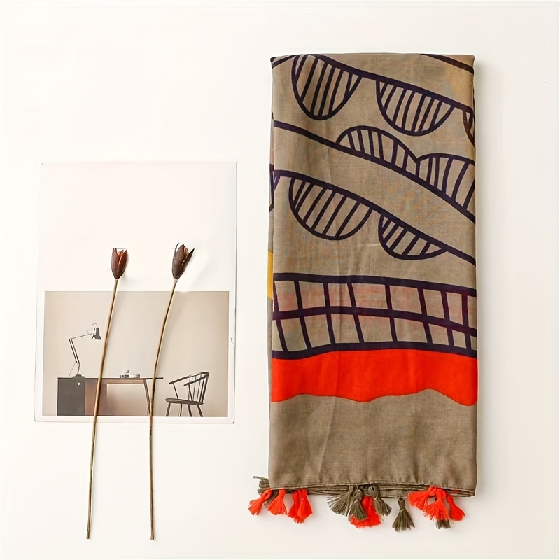 Creative Dark-colored Hand-drawn Map Pattern Scarf For Women With Tassels In Brown