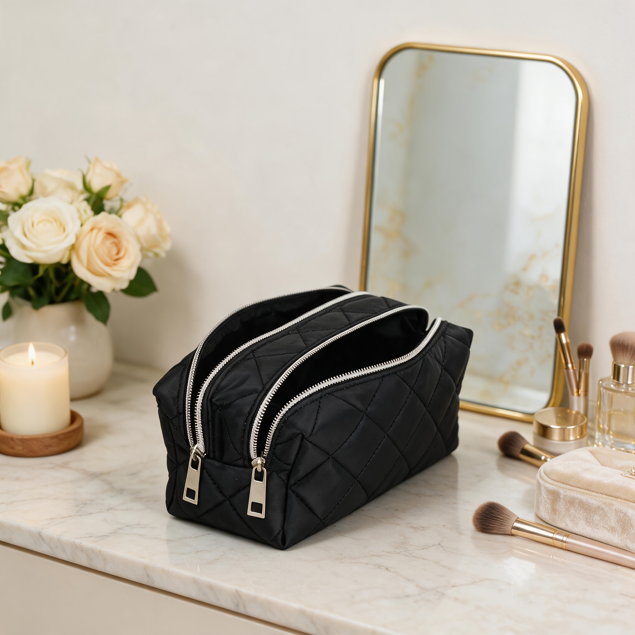 TEMU 1pc Black Seam-stitched Makeup Bag, Double Storage Double-layer Compartment Organizer, Octagonal Pouch, Convenient Dual-zipper Design Toiletry
