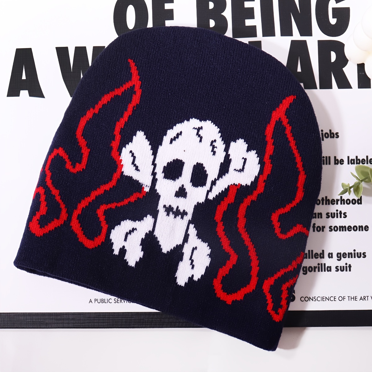 unisex skull flame pattern knit beanie hat 100 acrylic  display picture 3