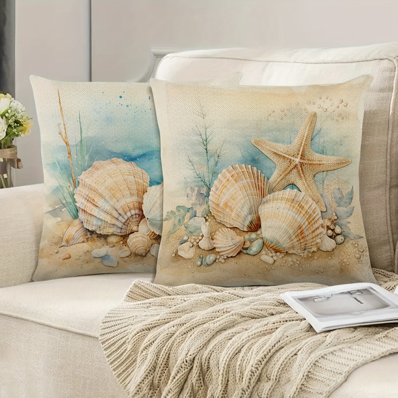 

2-pack Coastal Style Starfish & Seashells Linen Pillow Covers, 17.72in Square, One-side Print, Soft And Comfortable Modern Home Decor Cushion Cases – Insert Not Included