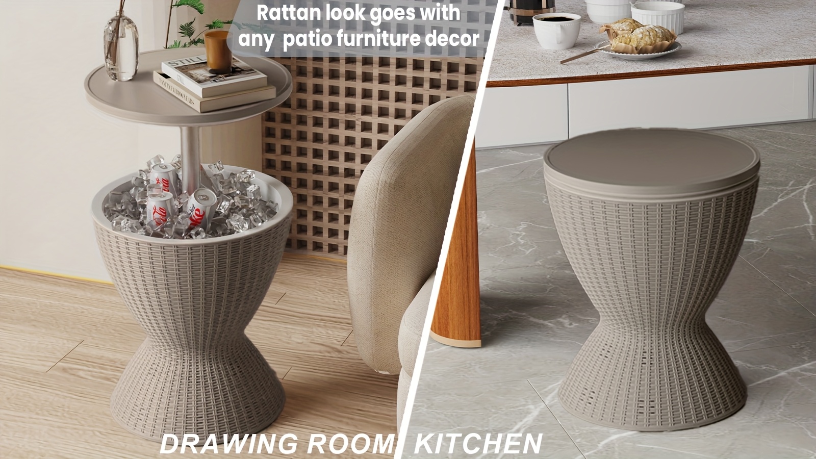 3 in 1 ice bucket combines cooler wine table and coffee table lid 30 l 8 gallon drink storage cans with ice rattan look with any patio furniture decor built in drainage plug beverage cooler drinks ice cold for hours easy to assemble details 2