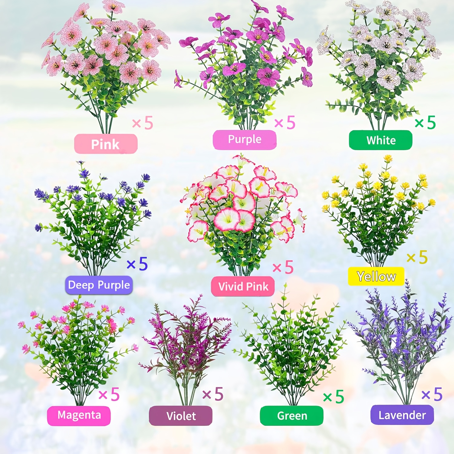 50 Bundles Outdoor Artificial Flowers - Lavender, Camellia, Grass, Eucalyptus Leaves And More, Uv Resistant Realistic Fake Flowers No Fading. Wedding Party
