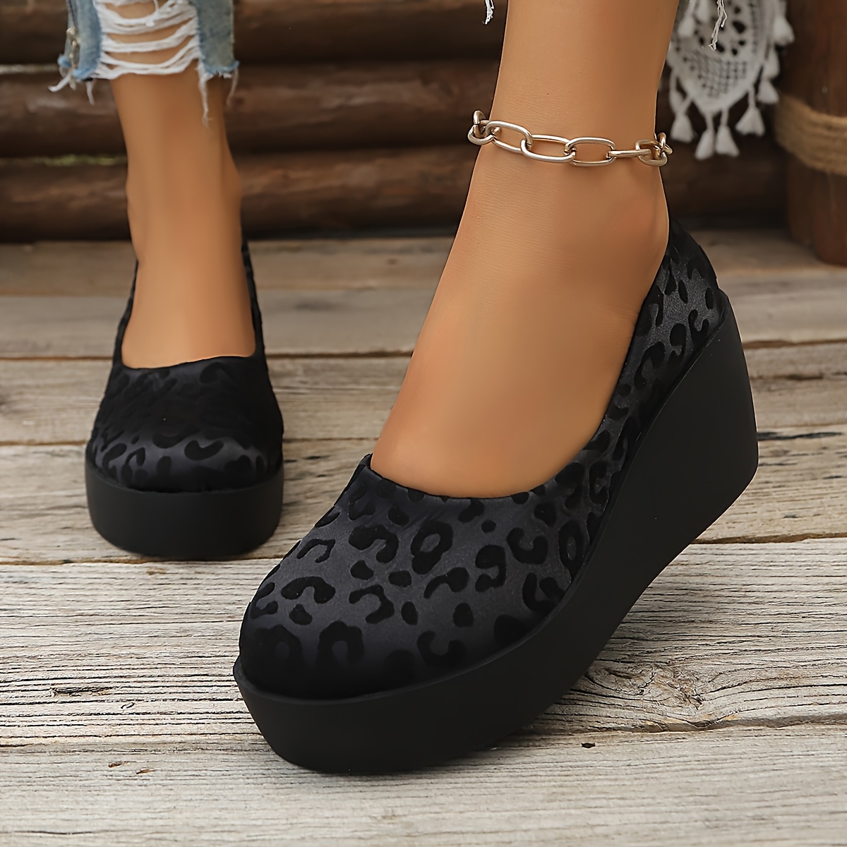TEMU Fashion Women's Print Wedge Single Shoe Thick Sole Platform Low Cut Bootie Lazy Size Height-increasing Women's Shoes Casual Commuter All-match