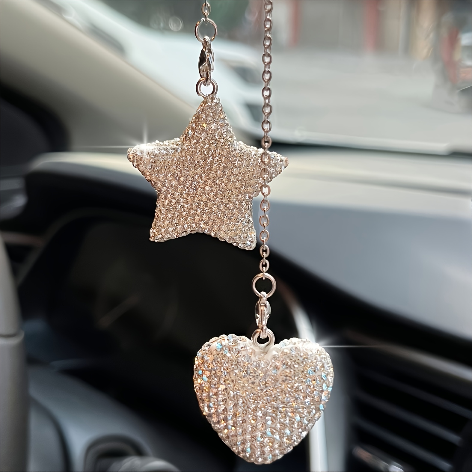 

1pc Sparkling Car Hanging Ornament - Metal Chain With Diamond Inlaid Heart And Star Pendants, Cute Vehicle Decorations For Men And Women