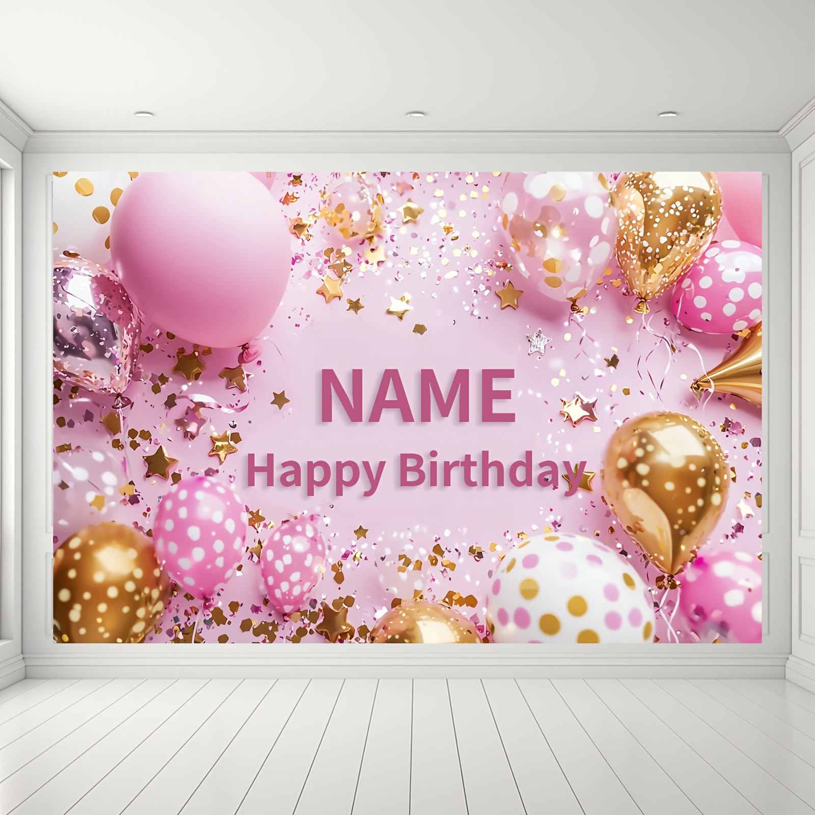 

Customizable Pink Glitter Birthday Party Backdrop With Polka Dot Balloons - Personalized Happy Birthday Banner For Anniversaries & Celebrations, Ideal For Photo Booths