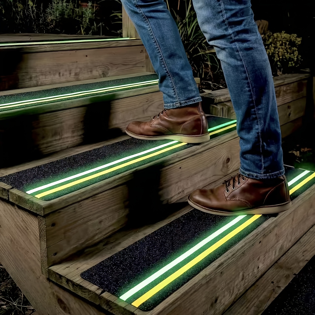 Double Reflective Tapes Outdoor Stair Tread Non-Slip, with Reflective And Glow-In-Dark Strips, Non-Slip Stair Tread High-Traction Tape, Suitable for Wooden Steps Ramps Deck Boat, Black