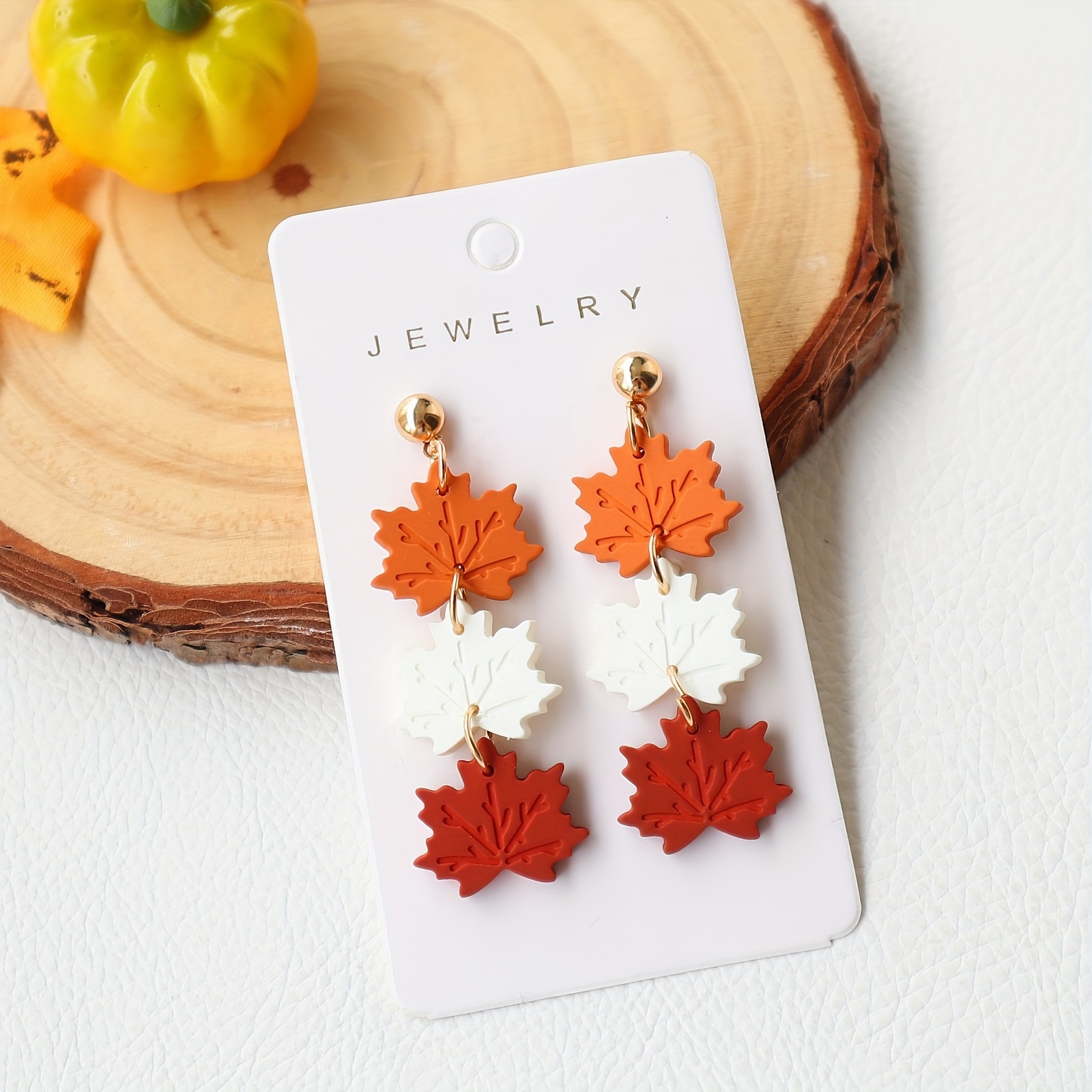 Image of 1 Pair Acrylic Autumn Halloween Maple Leaf Earrings Glossy End Vintage Ear Jewelry Long Style Triple Maple Leaf Vacation Gift Ear Drop