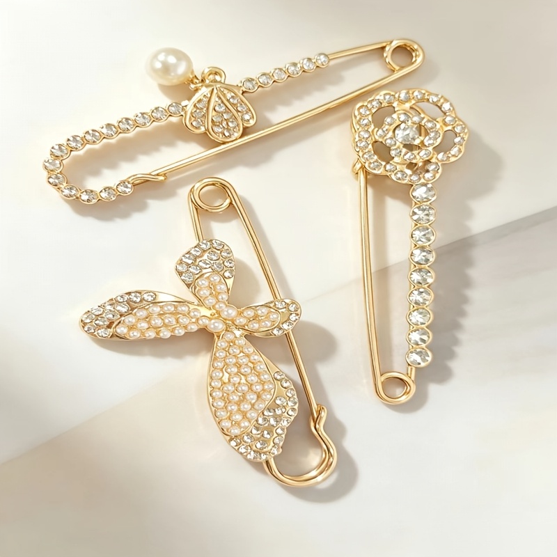 TEMU 3pcs Women' Luxury And Rhinestone Decorated Pins, , Flower, And Rose Shaped Brooches, Elegant Non-slip Dress And Sweater Waist Buckles, Vintage