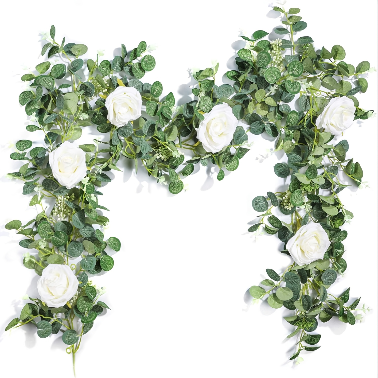 

Elegant Eucalyptus & Rose Garland - Flower Vines For Wedding, Party Decor, Table, Mantel, And Home Wall Accents