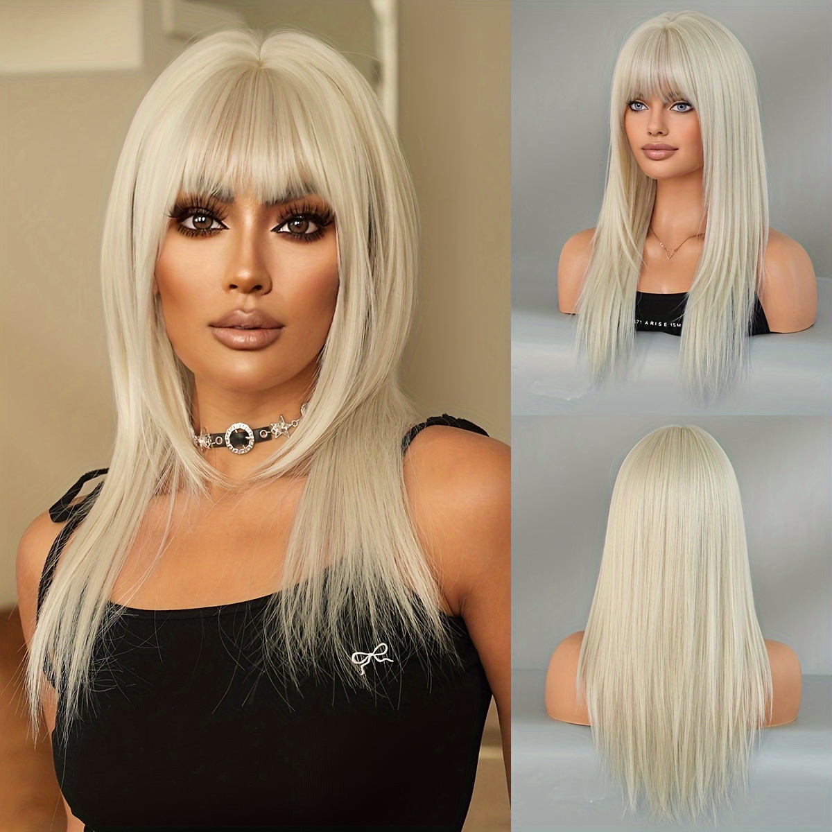 

1pc 7jhh Wigs Silvery White Shoulder Length Synthetic Wig For Women, Y2k Style, Fiber, Straight Hair, Cap, 150% Density, Heat Resistant, 23.62 Inches