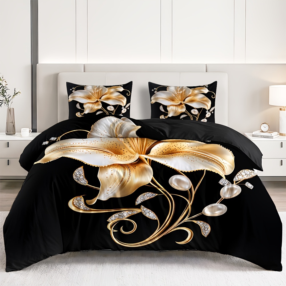 Image of 2/3pcs Palm Leaf Duvet Cover Set 1 Duvet 1/2 Pillowcases 80*80 Navy Blue And Golden Bedding Stylish 135*200 200*200 220*240 For Spring Summer Bedding Home Dorm Bedroom Decoration Machine Washable