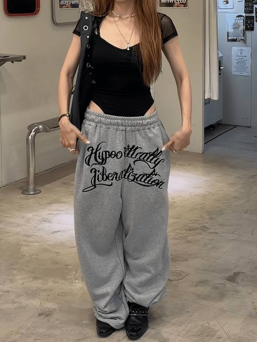 pantalon de sport droit imprimé de lettres gothiques y2k américain cordon de serrage, pantalon de survêtement daspect décontracté