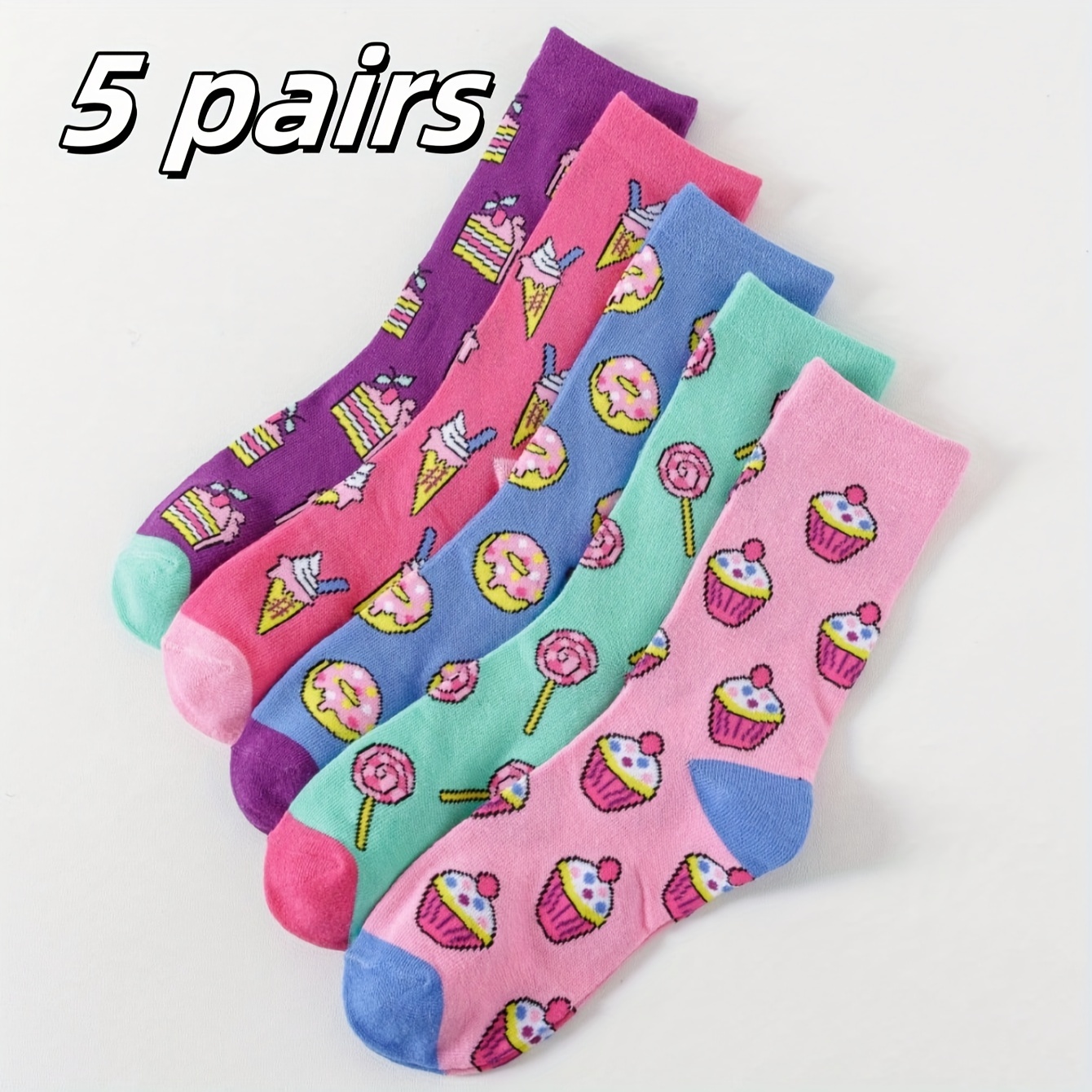 

5 Pairs/sets Of Women's 4 Dessert Pattern Mid-tube Socks Combination