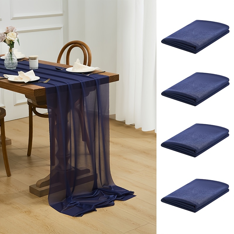 TEMU 4pcs Navy Blue Sheer Chiffon Table Runners - Elegant Semi-transparent Decor For Home Dining, Weddings, Christmas, And Birthday Parties, 11.4 X