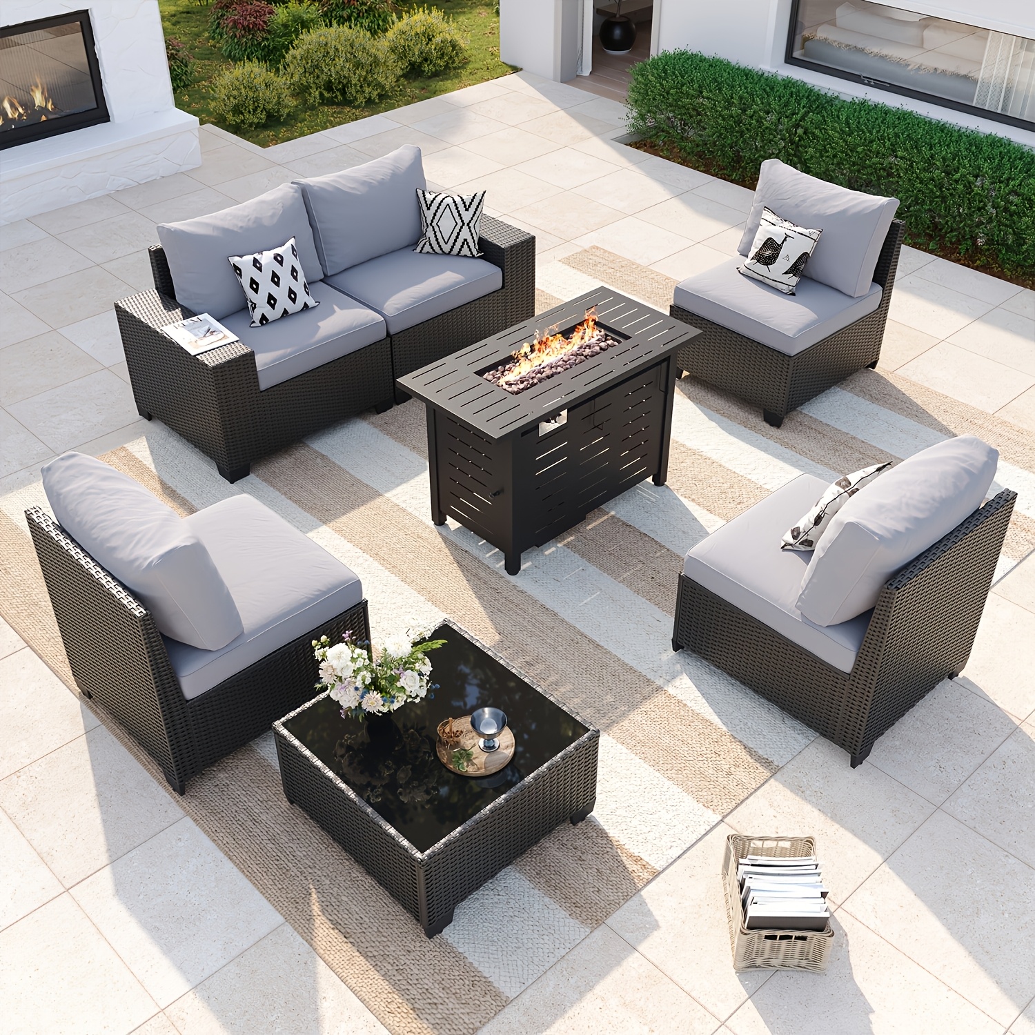 TEMU A 7pcs Outdoor Furniture Collection Featuring -inch Fire Pit Table, A Wicker Sectional Sofa With A Coffee Table, Thick 4-inch Cushions, And A