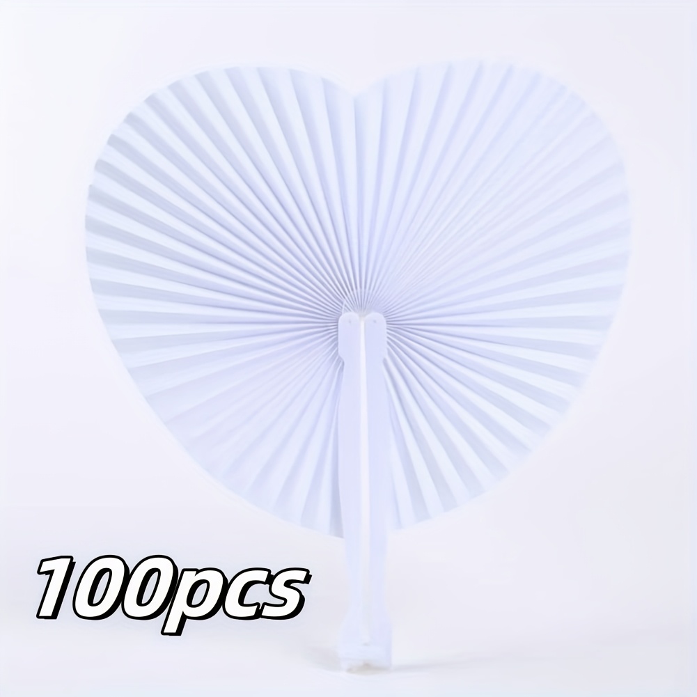 TEMU 5pcs/12pcs/36pcs/48pcs/100pcs Personalized White Heart-shaped Folding Fan, White Paper Handheld Fan With Plastic Handle, Suitable For Wedding